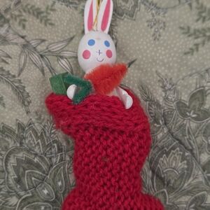 Source Unknown Red Stocking with Bunny Ornament